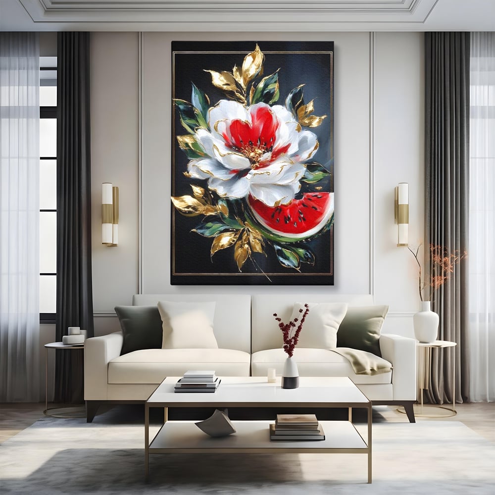 Tablou canvas cu tablou canvas cu floare si pepene, fara rama, pe sasiu de lemn, pe perete intr-un living